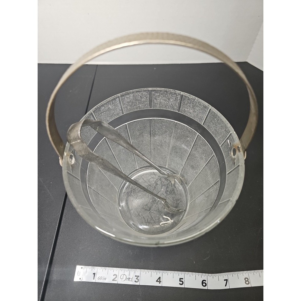 Vintagr Depression Textured Clear Glass Keg Barware Ice Bucket w/ Handle & Tongs - Picture 5 of 10